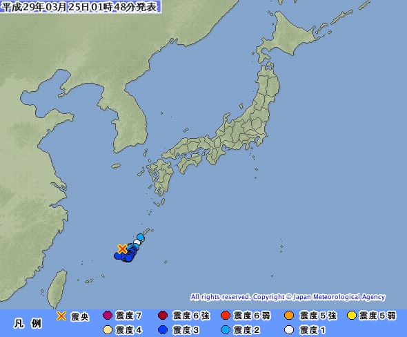 沖縄県で震度3　マグニチュード5.1　震源の深さは90km